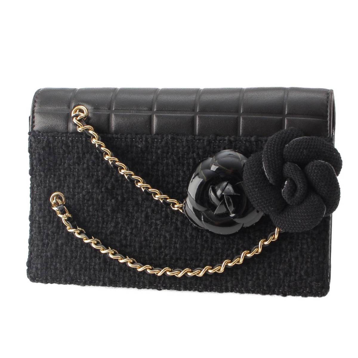 [Chanel] Chanel No. 7 Chocolate Bar Camellia ChainShoulder Lamb Leather Clutch Bag Black [Used] [Authenticated and Guaranteed Authentic] 213299