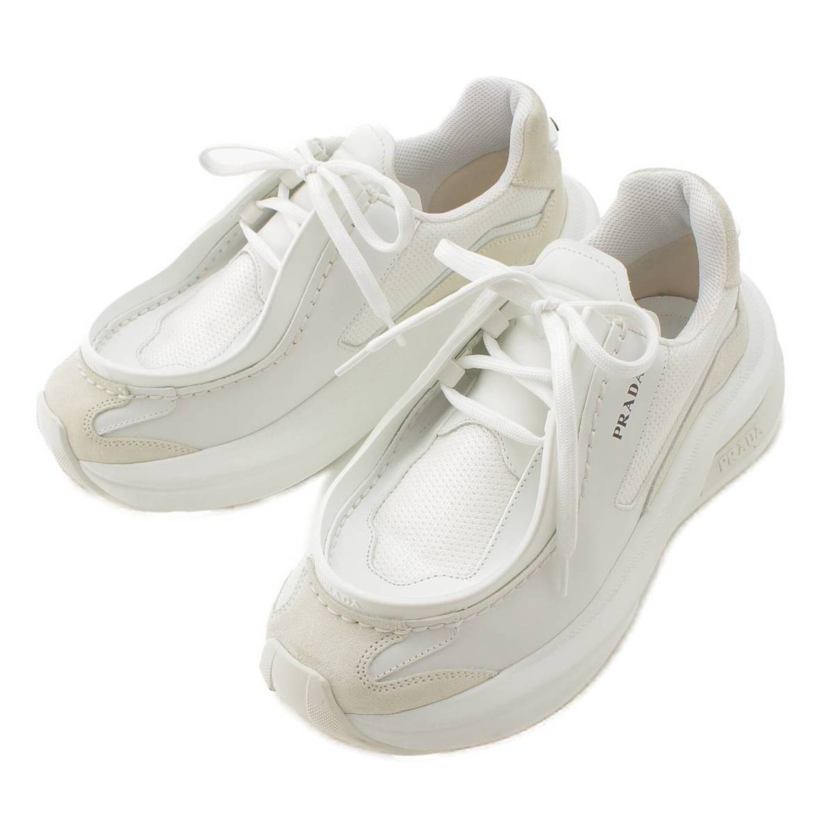 [PRADA] Prada 23AW Leather x Mesh System Low-Cut Sneakers 2EG424 White 5 1/2 [Used] [Authenticated and Guaranteed Authentic] 213327