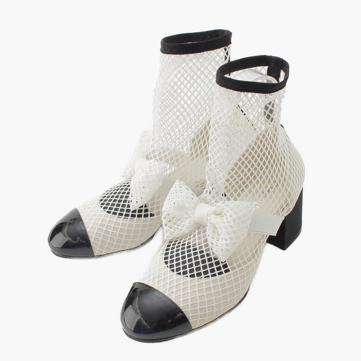 [Chanel] Chanel 23 COCO Mark Mary Jane Ribbon Mesh Sock Shoes White 38 1/2C [Used] [Authenticated and Guaranteed Authentic] 213355