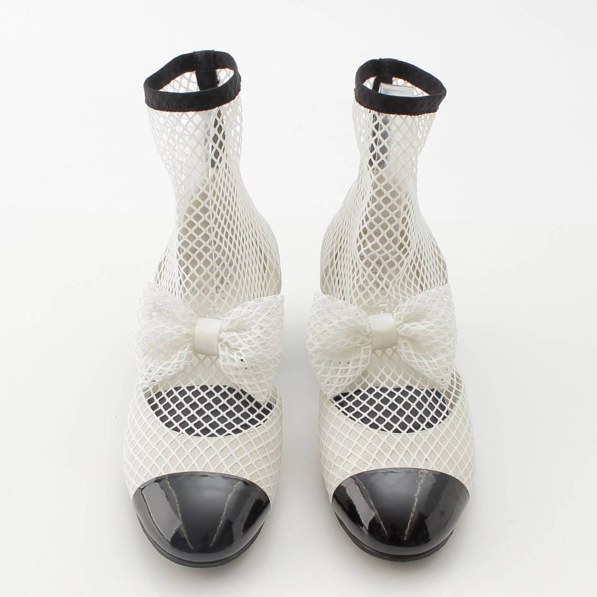 [Chanel] Chanel 23 COCO Mark Mary Jane Ribbon Mesh Sock Shoes White 38 1/2C [Used] [Authenticated and Guaranteed Authentic] 213355