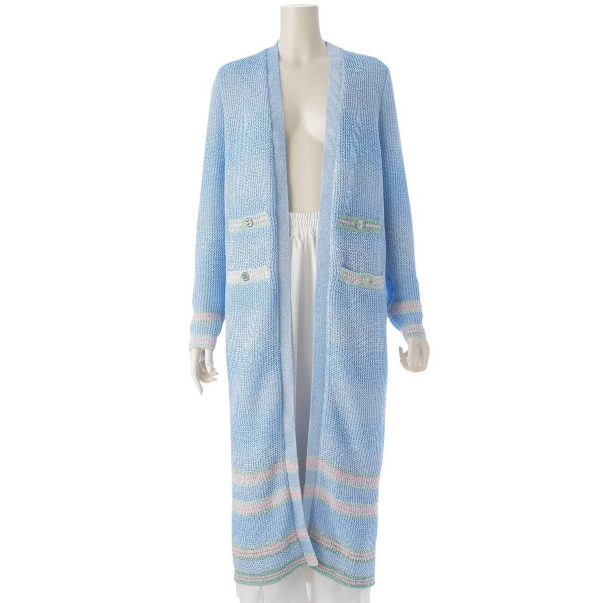 [Chanel] Chanel COCO Mark Button Linen Viscose Long Knit Cardigan P74755 Blue 36 [Used] [Authenticated and Guaranteed Authentic] 213358