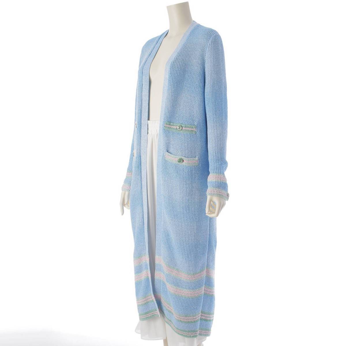 [Chanel] Chanel COCO Mark Button Linen Viscose Long Knit Cardigan P74755 Blue 36 [Used] [Authenticated and Guaranteed Authentic] 213358