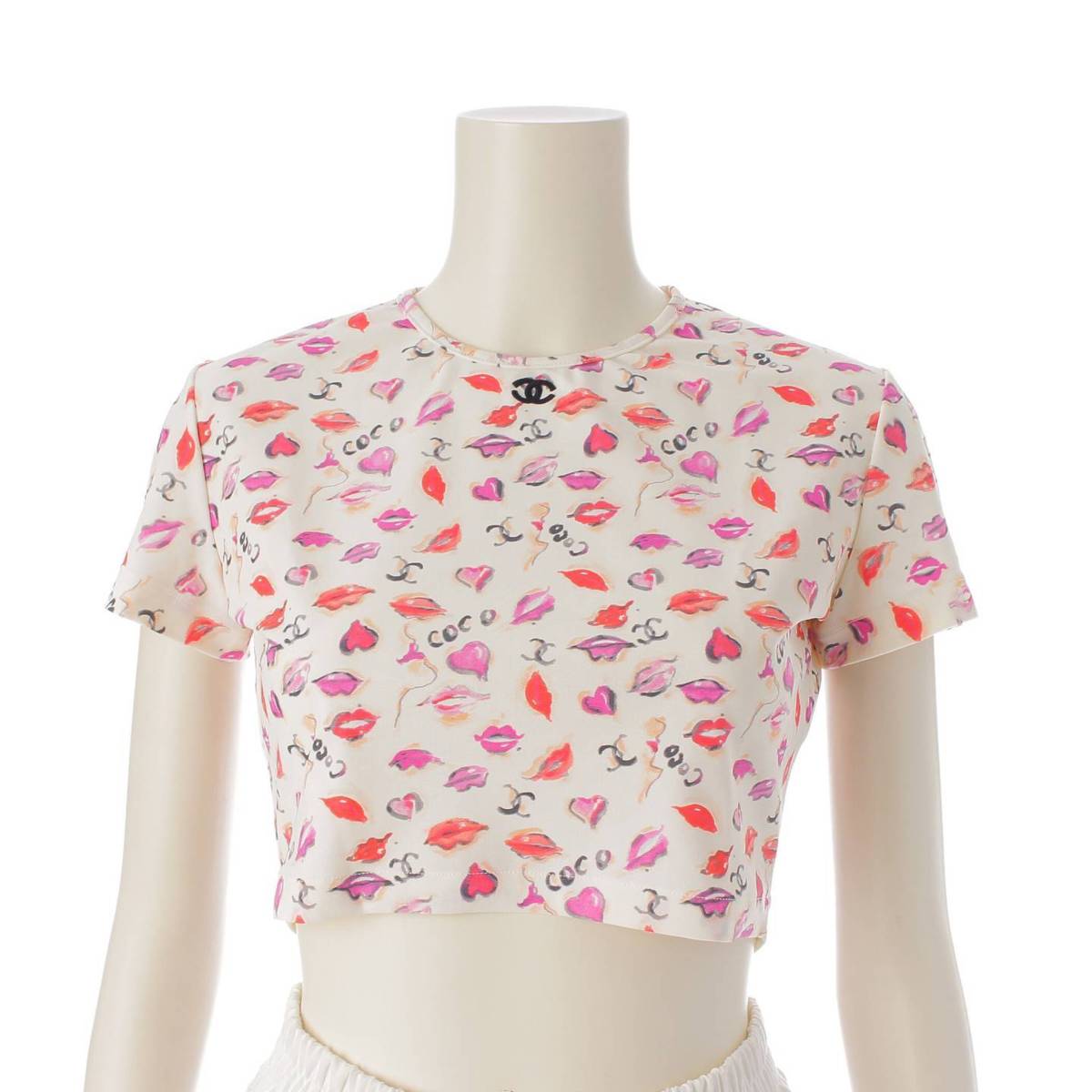 [Chanel] Chanel P95 COCO Mark Lip Pattern Short Sleeve Maillot Cropped T-Shirt PO5010 White 42 [Used] [Authenticated and Guaranteed Authentic] 213389