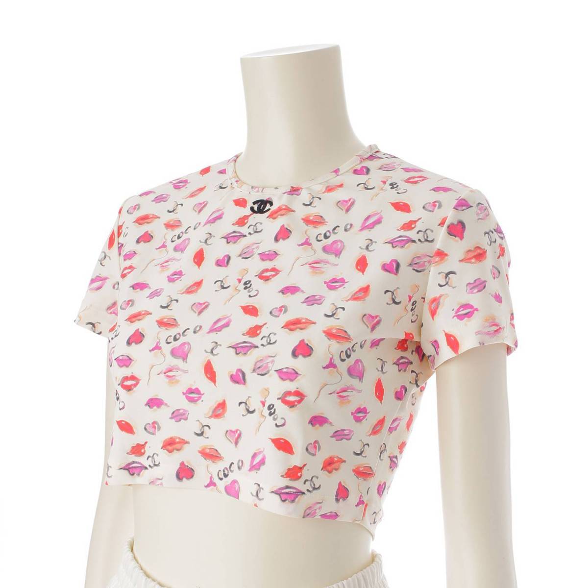 [Chanel] Chanel P95 COCO Mark Lip Pattern Short Sleeve Maillot Cropped T-Shirt PO5010 White 42 [Used] [Authenticated and Guaranteed Authentic] 213389