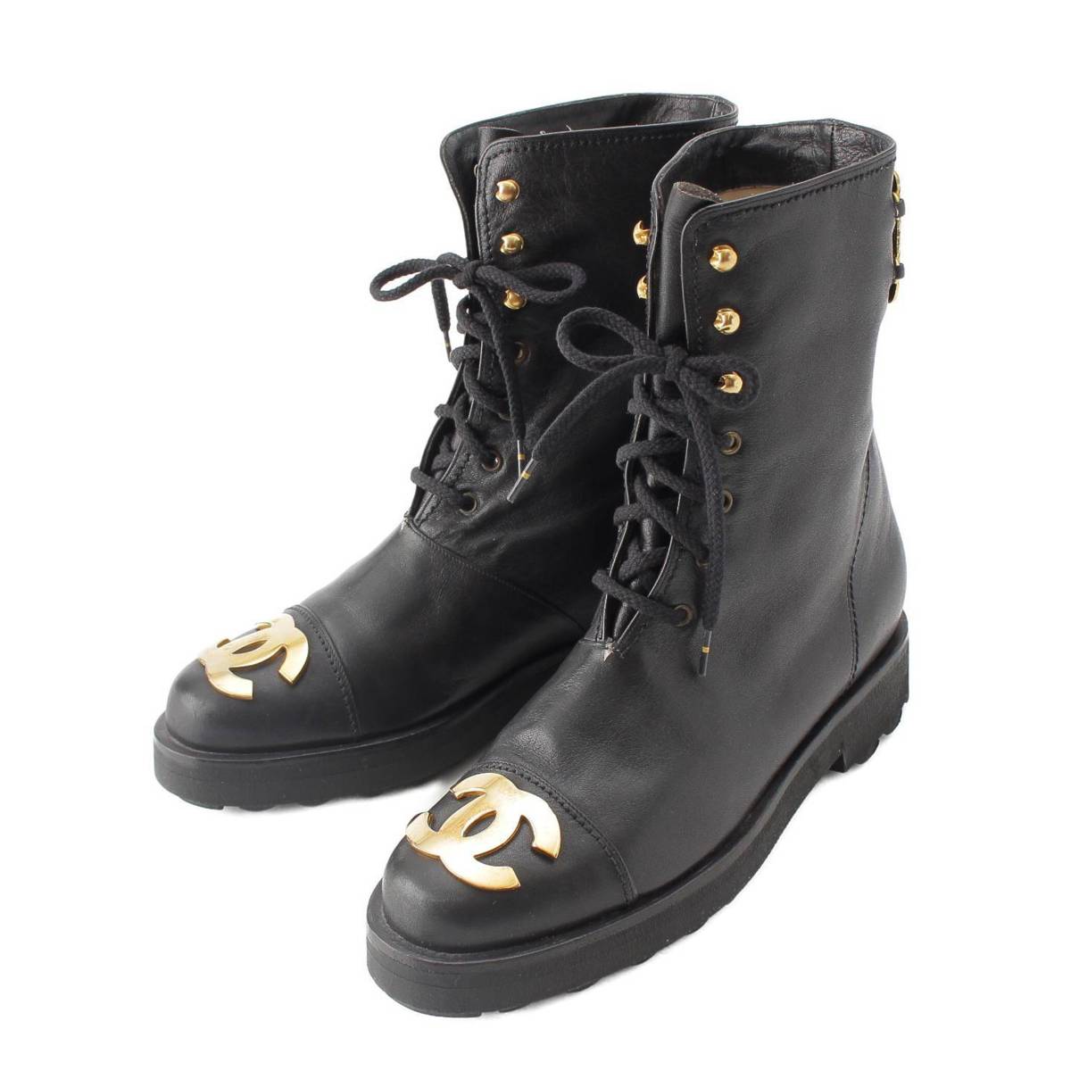 [Chanel] Chanel Vintage COCO Mark Plate Leather Boots 206090 Black 36 1/2 [Used] [Authenticated and Guaranteed Authentic] 213397