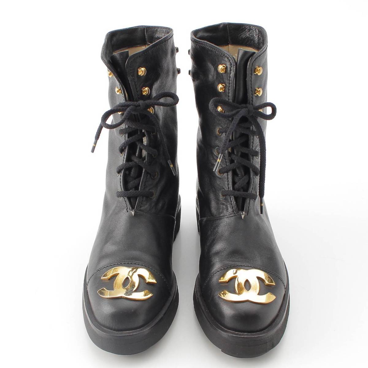 [Chanel] Chanel Vintage COCO Mark Plate Leather Boots 206090 Black 36 1/2 [Used] [Authenticated and Guaranteed Authentic] 213397