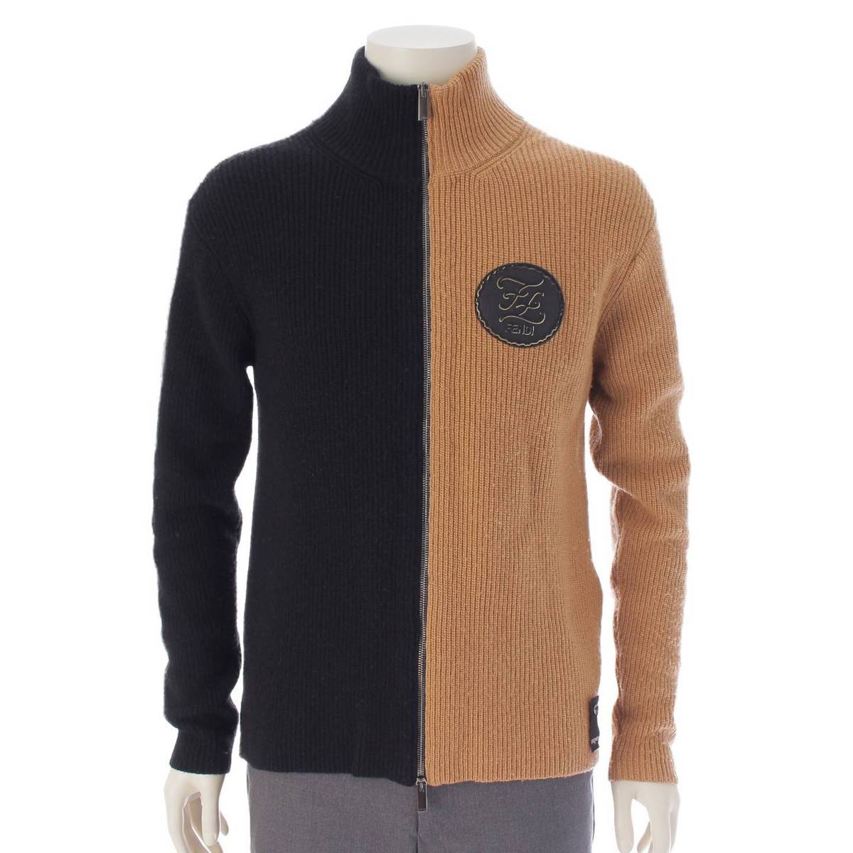 [Fendi] Fendi Men's FF Logo Zip-up Wool Knit Blouson Brown x Black 44 [Used] [Authenticated and Guaranteed Authentic] 213578