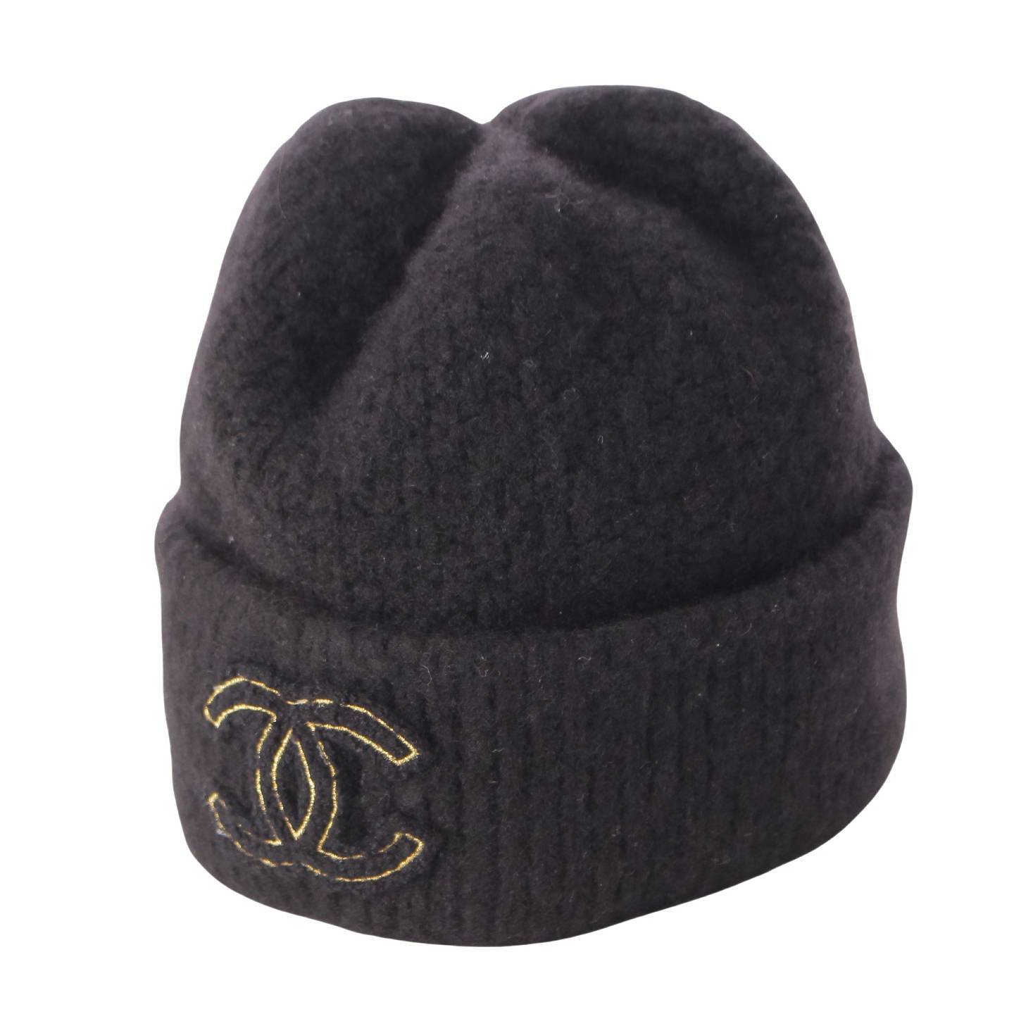 Chanel COCO Mark Cashmere x Silk Knit Cap Hat Beanie Black