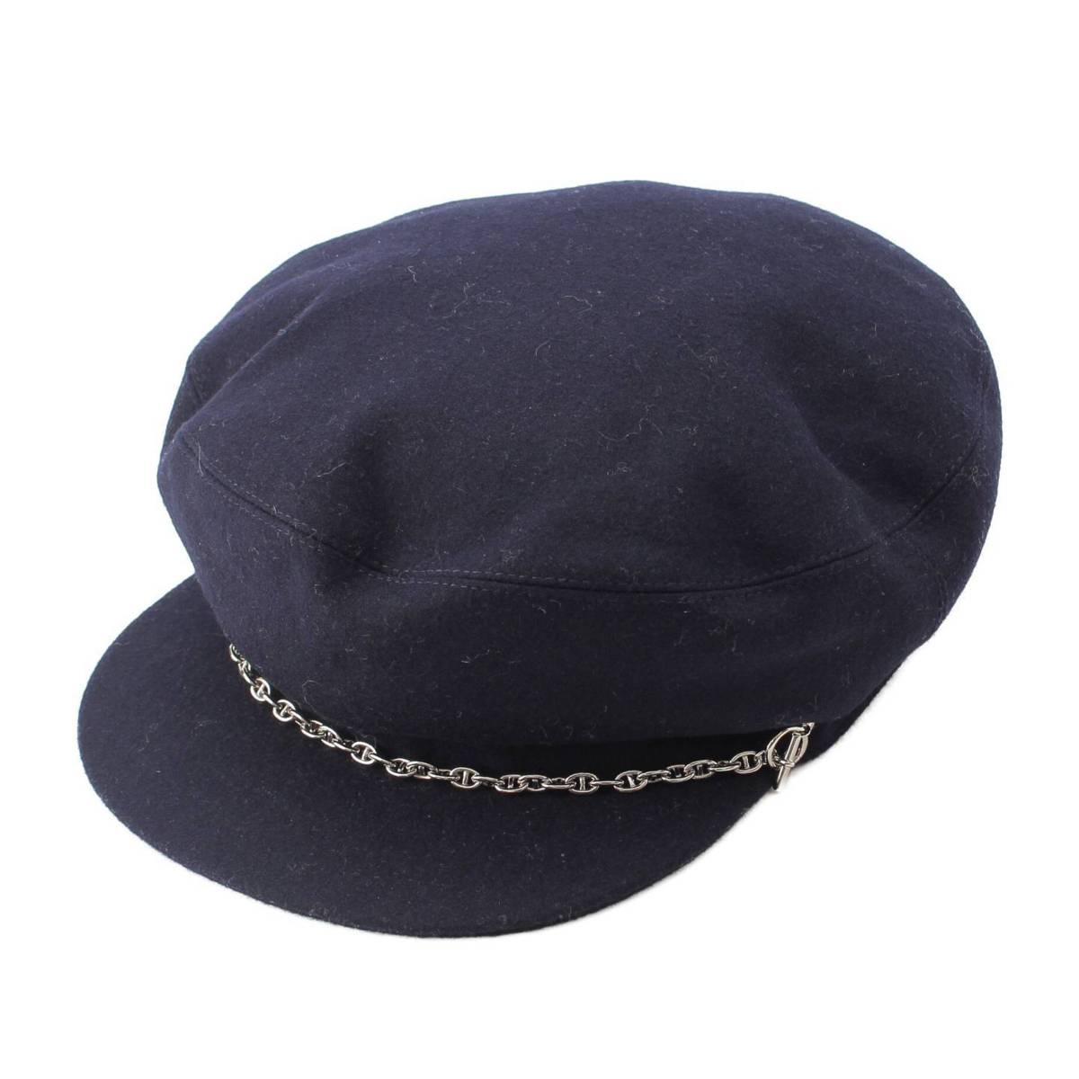 [Hermes] Hermes Chaine d'Ancre Chain Decoration Cashmere Newsboy Cap Hat Navy 57 [Used] [Authenticated and Guaranteed Authentic] 213589