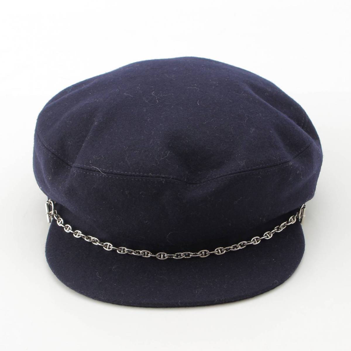 [Hermes] Hermes Chaine d'Ancre Chain Decoration Cashmere Newsboy Cap Hat Navy 57 [Used] [Authenticated and Guaranteed Authentic] 213589