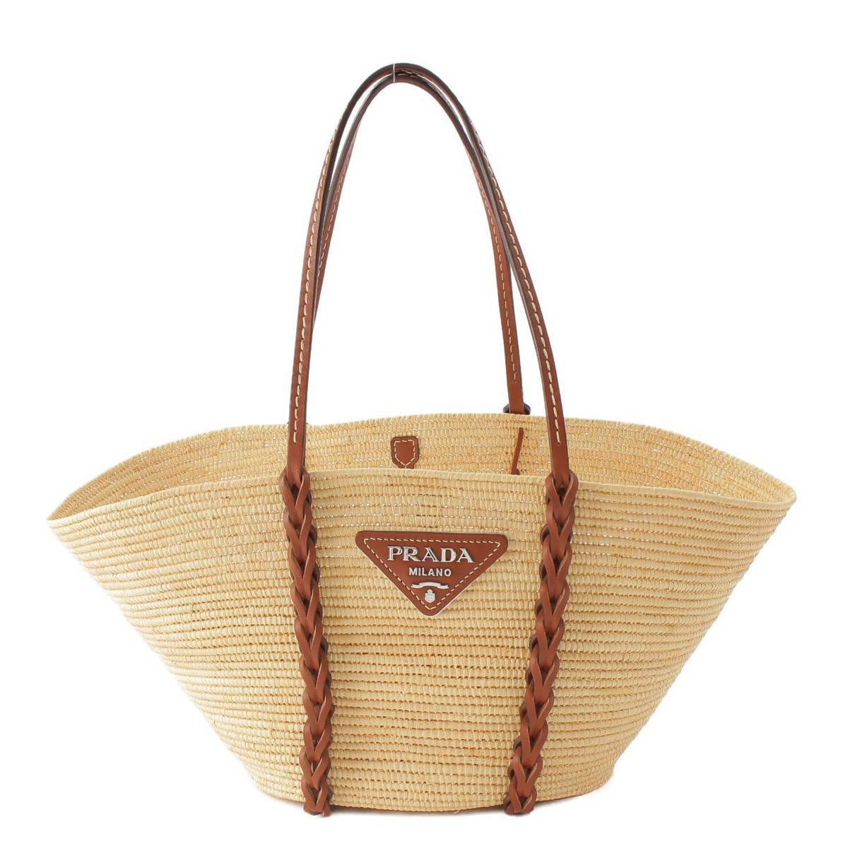 [PRADA] Prada Triangle Plate Logo Raffia Tote Basket Bag Brown 1BG312 Beige [Used] [Authenticated/Genuine Product Guaranteed] 213643