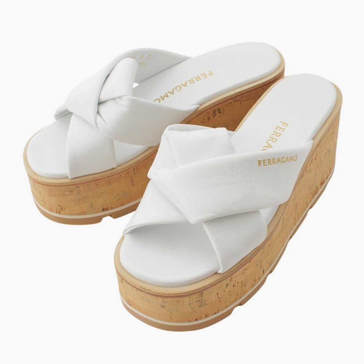 [Salvatore Ferragamo] Salvatore Ferragamo 24 Stainless Steel ENGRACIA Sandals Wedges Cork Sole Leather 769555 White 6 Unused [Used] [Authenticated/Genuine Product Guaranteed] 213678