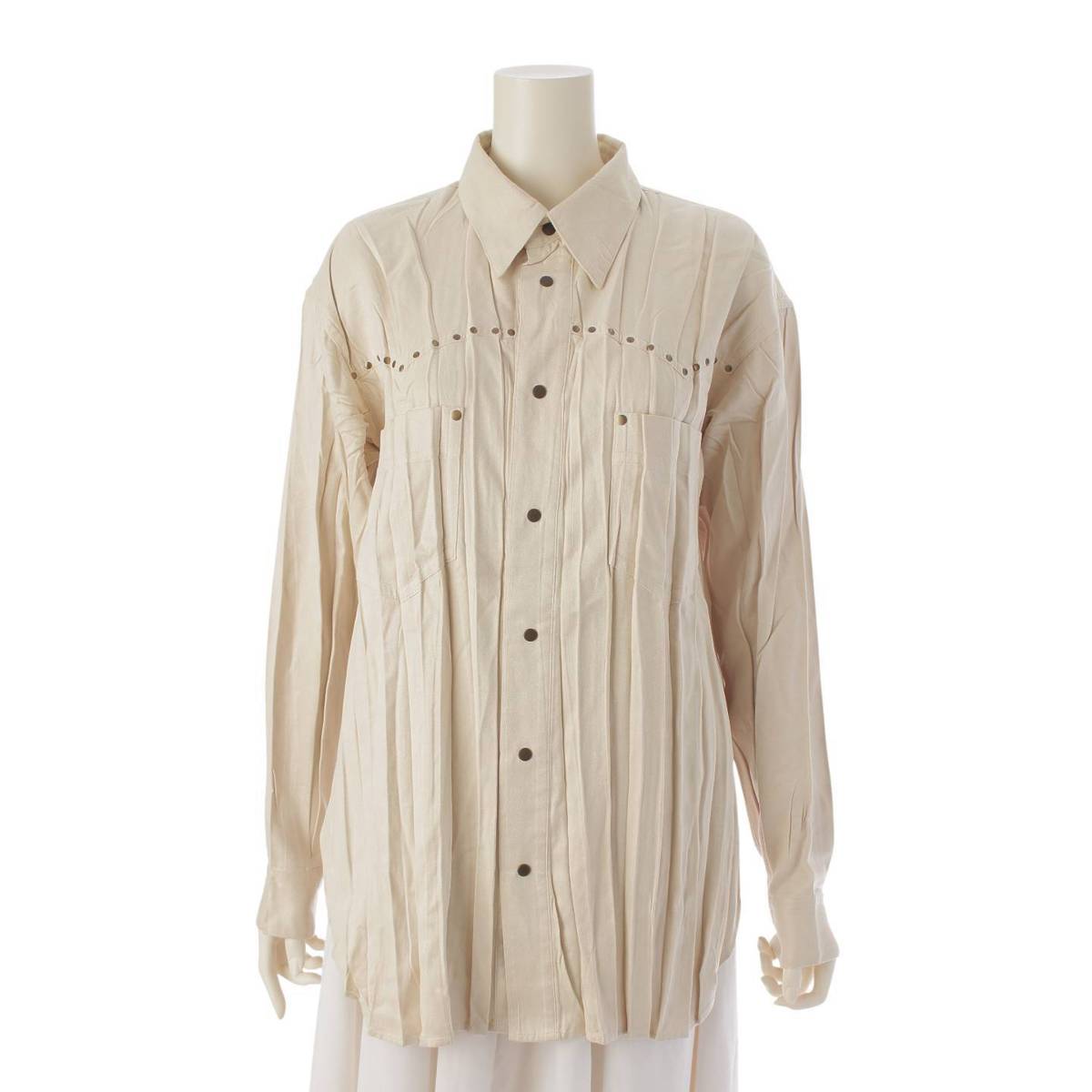 [Issey Miyake] Issey Miyake Pleated Western Shirt Blouse Long Sleeve Top Beige L [Used] [Authenticated and Guaranteed Authentic] 213736