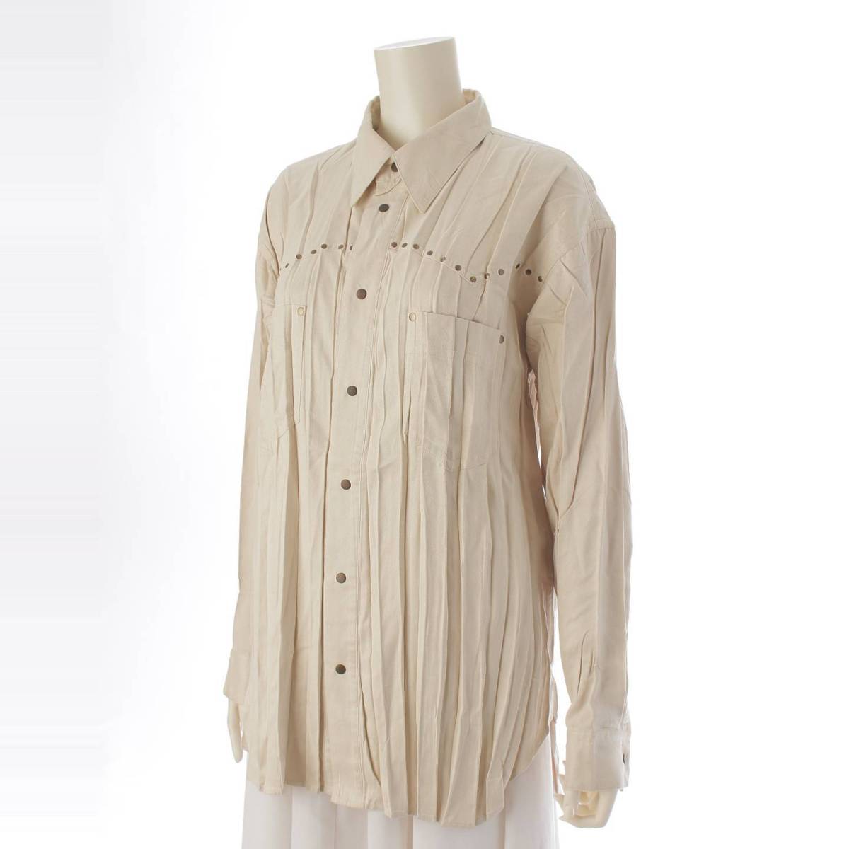 [Issey Miyake] Issey Miyake Pleated Western Shirt Blouse Long Sleeve Top Beige L [Used] [Authenticated and Guaranteed Authentic] 213736