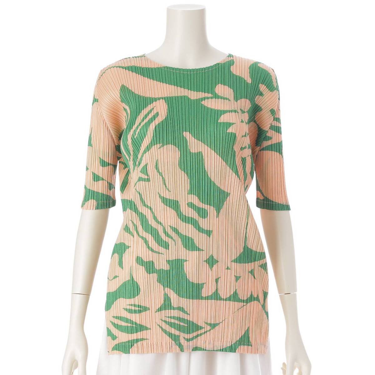 [Pleated Please Issey Miyake] PLEATS PLEASE ISSEY Crew Neck Short Sleeve Printed Cut and Sew PP93-JK691 Green x Salmon Pink 3 [Used] [Authenticated and Guaranteed Authentic] 213760