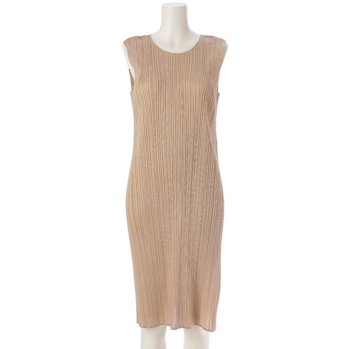 [Pleated Please Issey Miyake] PLEATS PLEASE ISSEY Side slit sleeveless dress tunic beige gold 4 [Used] [Authenticated and genuine product guaranteed] 213762