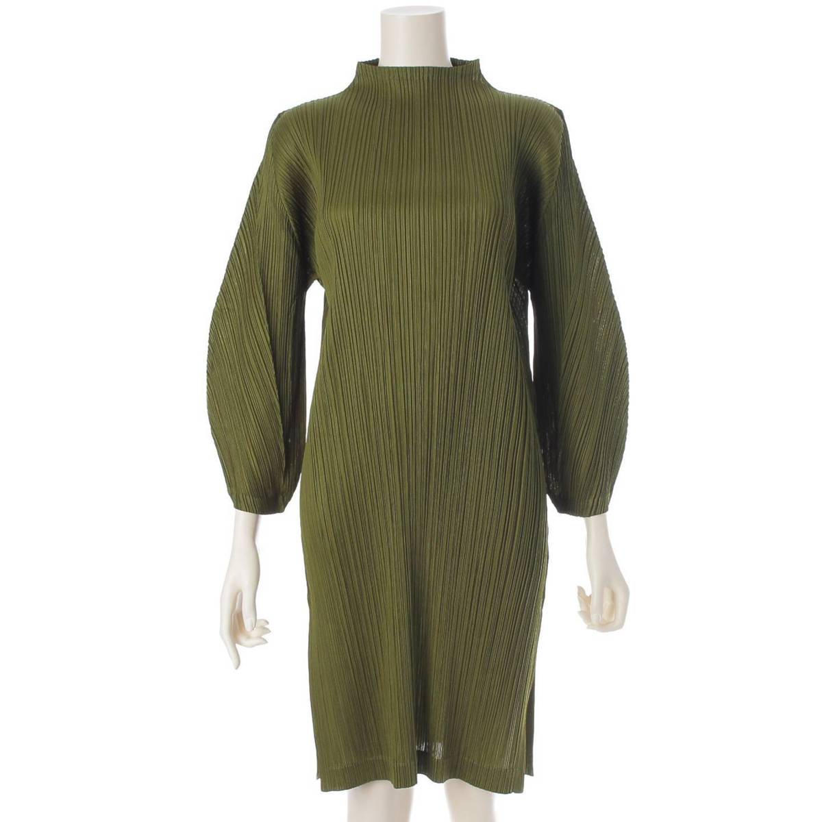 [Pleated Please Issey Miyake] PLEATS PLEASE ISSEY Pleated Long Sleeve Puff Sleeve Dress Tops PP11-JT163 Khaki 3 [Used] [Authenticated and Guaranteed Authentic] 213764