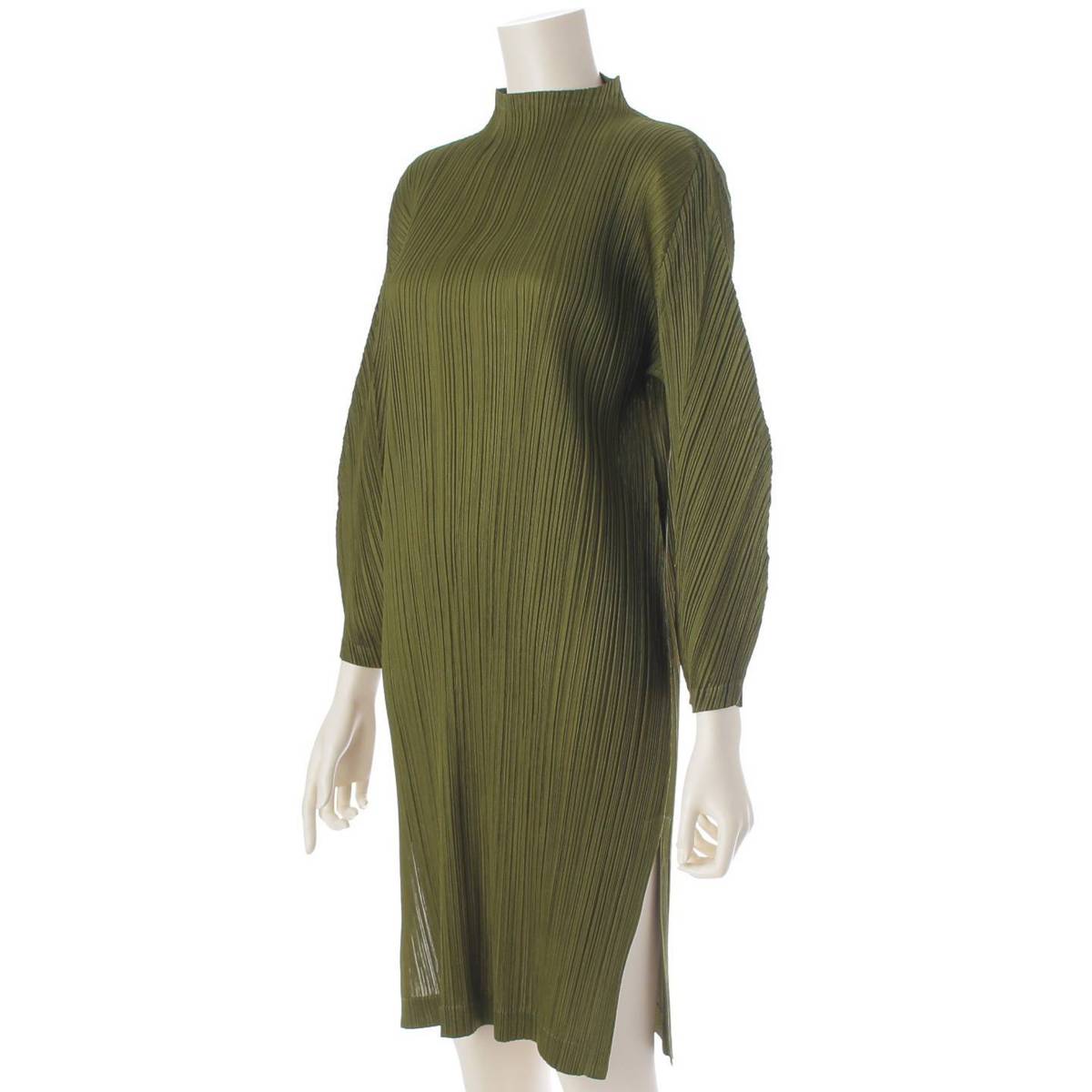 [Pleated Please Issey Miyake] PLEATS PLEASE ISSEY Pleated Long Sleeve Puff Sleeve Dress Tops PP11-JT163 Khaki 3 [Used] [Authenticated and Guaranteed Authentic] 213764