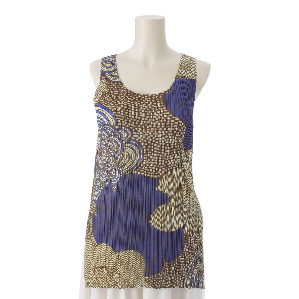 [Pleated Please Issey Miyake] PLEATS PLEASE ISSEY All-over print sleeveless side slit top PP83-JT712 Blue x brown 3 [Used] [Authenticated and genuine product guaranteed] 213765