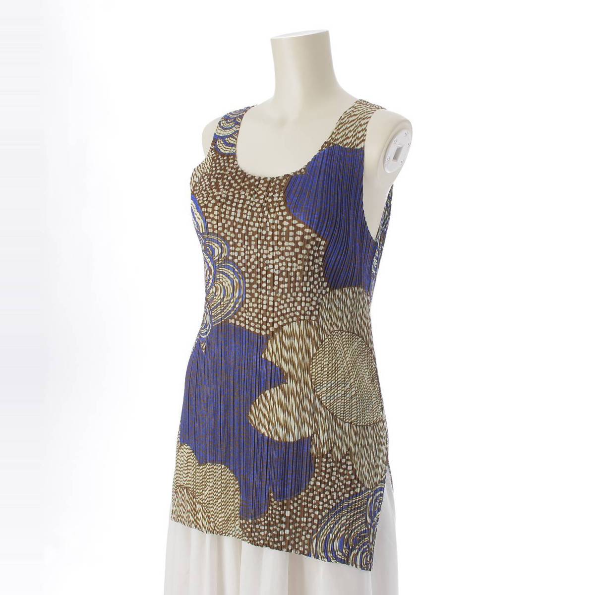 [Pleated Please Issey Miyake] PLEATS PLEASE ISSEY All-over print sleeveless side slit top PP83-JT712 Blue x brown 3 [Used] [Authenticated and genuine product guaranteed] 213765