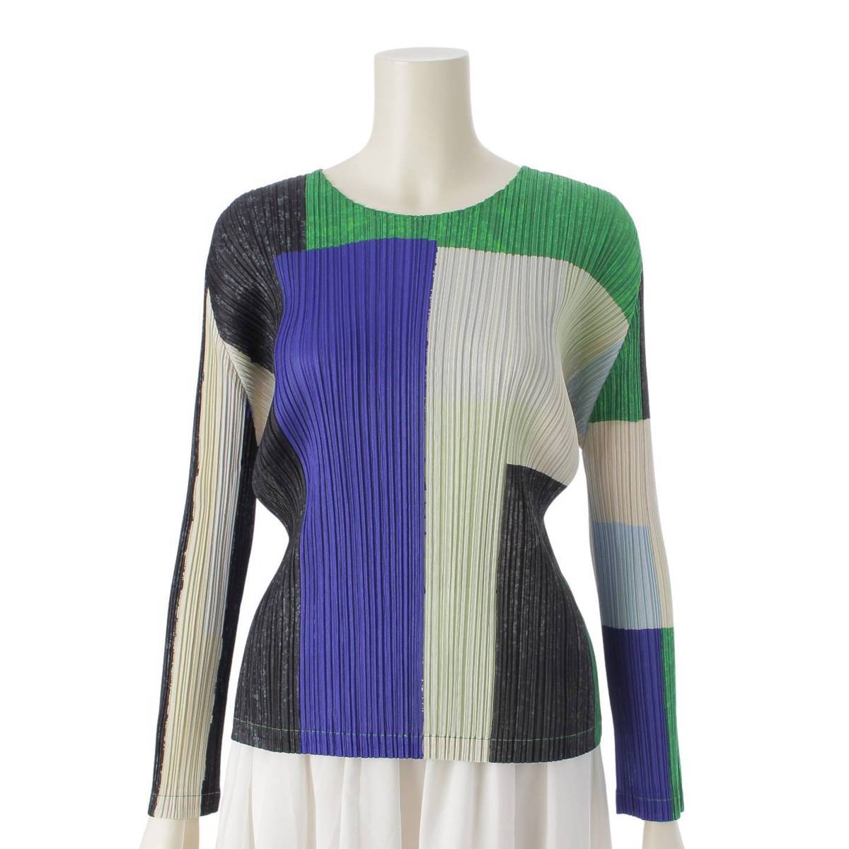 [Pleated Please Issey Miyake] PLEATS PLEASE ISSEY Long sleeve top Color blocking Geometric pattern All-over pattern PP13-JK651 Multicolor 3 [Used] [Authenticated and genuine product guaranteed] 213766