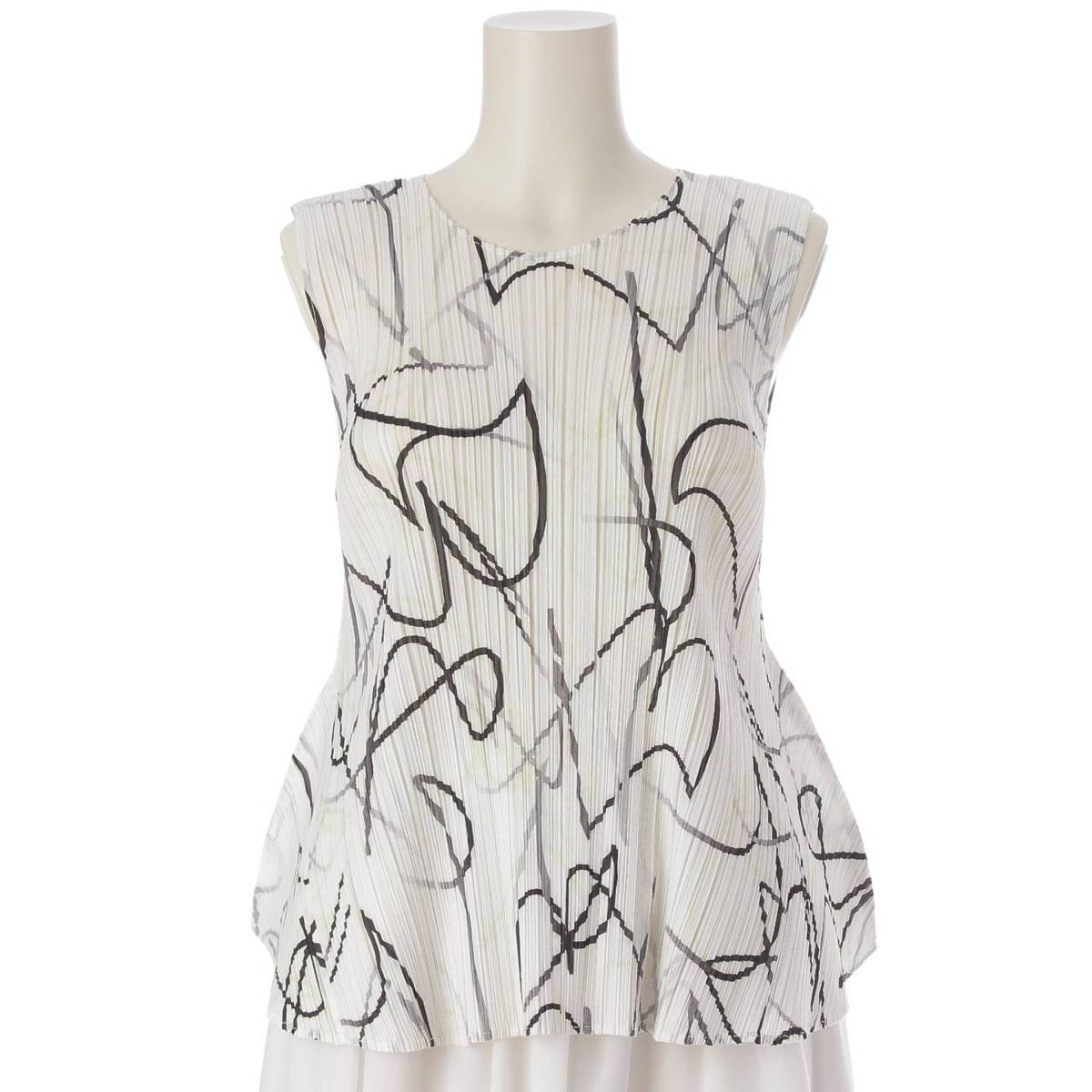 [Pleated Please Issey Miyake] PLEATS PLEASE ISSEY Sleeveless Pleated Tops, Deformed All-Over Print Cut-and-Sew PP03-JK661 White 3 [Used] [Authenticated and Guaranteed Authentic] 213767