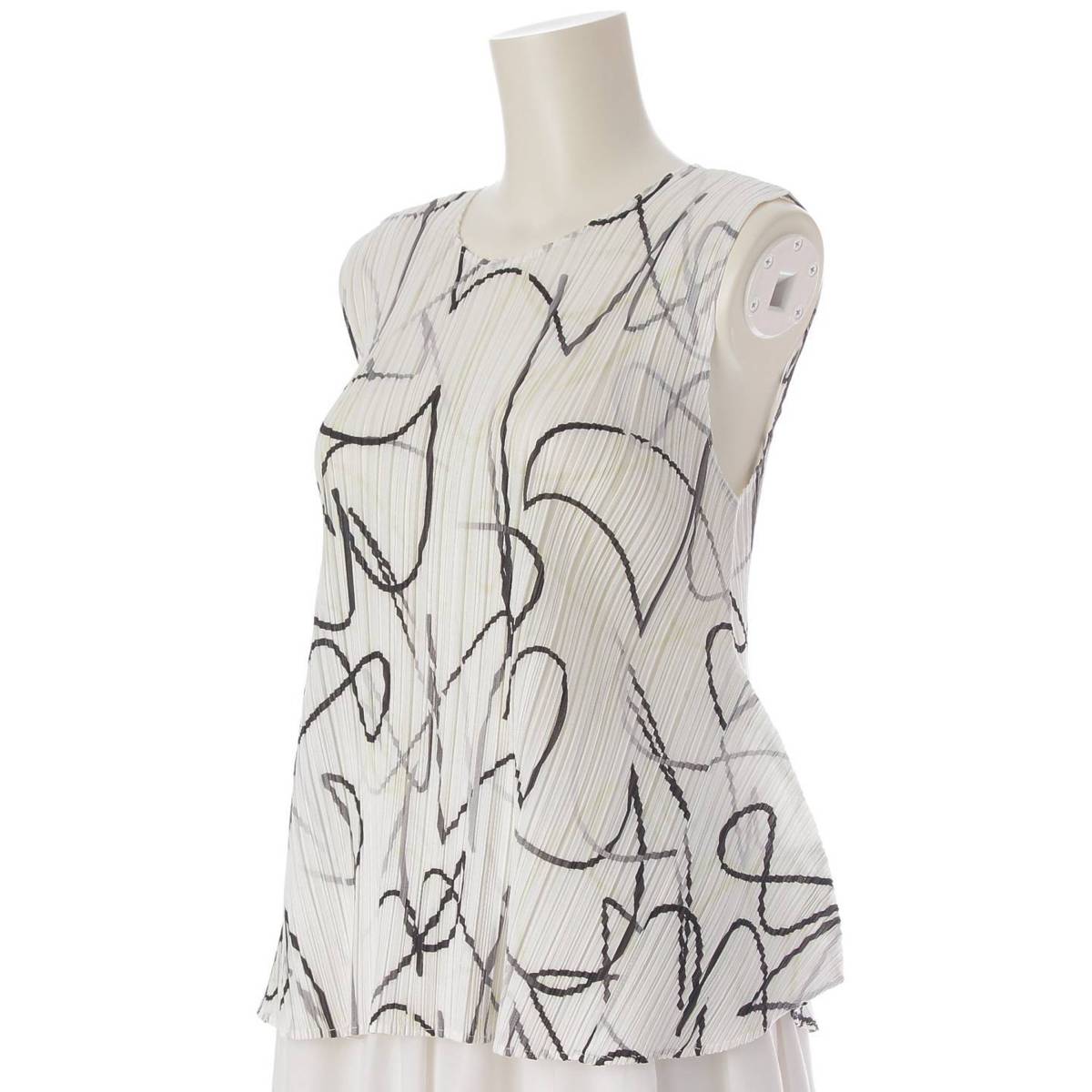 [Pleated Please Issey Miyake] PLEATS PLEASE ISSEY Sleeveless Pleated Tops, Deformed All-Over Print Cut-and-Sew PP03-JK661 White 3 [Used] [Authenticated and Guaranteed Authentic] 213767