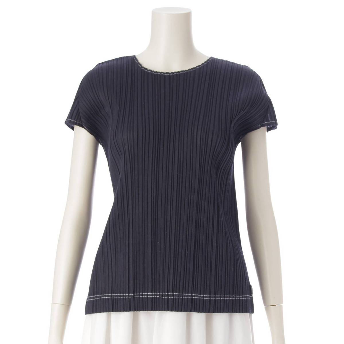 [Pleated Please Issey Miyake] PLEATS PLEASE ISSEY Ramie Denim Stitch Top Cut and Sew PP21-JK211 Navy x White 3 [Used] [Authenticated and Guaranteed Authentic] 213768