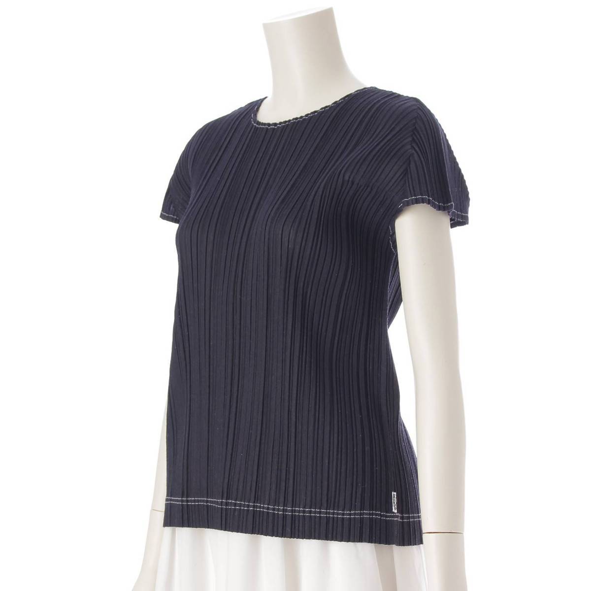 [Pleated Please Issey Miyake] PLEATS PLEASE ISSEY Ramie Denim Stitch Top Cut and Sew PP21-JK211 Navy x White 3 [Used] [Authenticated and Guaranteed Authentic] 213768