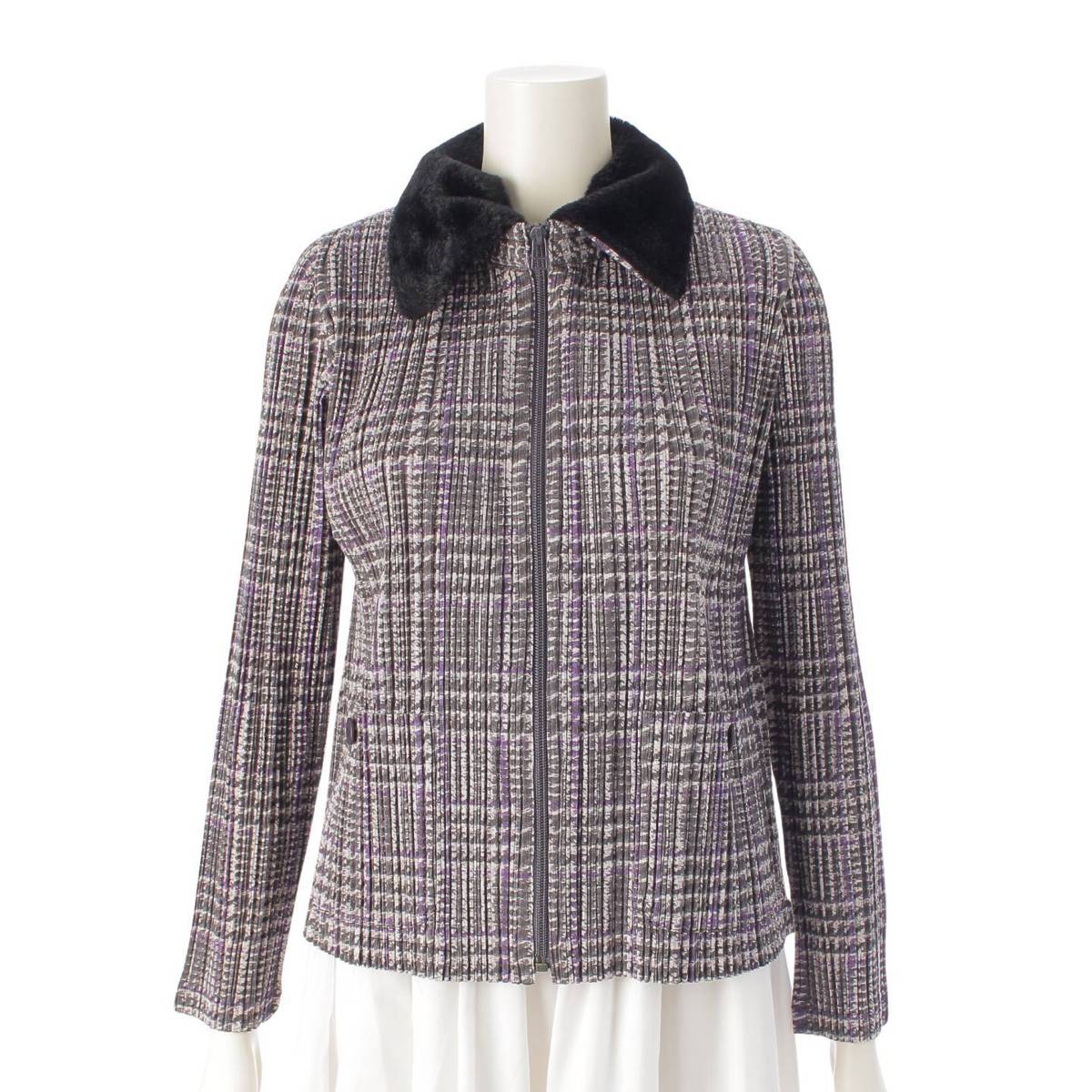 [Pleated Please Issey Miyake] PLEATS PLEASE ISSEY Check Light Outer Jacket with Fur Trim PP83-JC454 Purple x Gray 3 [Used] [Authenticated and Guaranteed Authentic] 213774