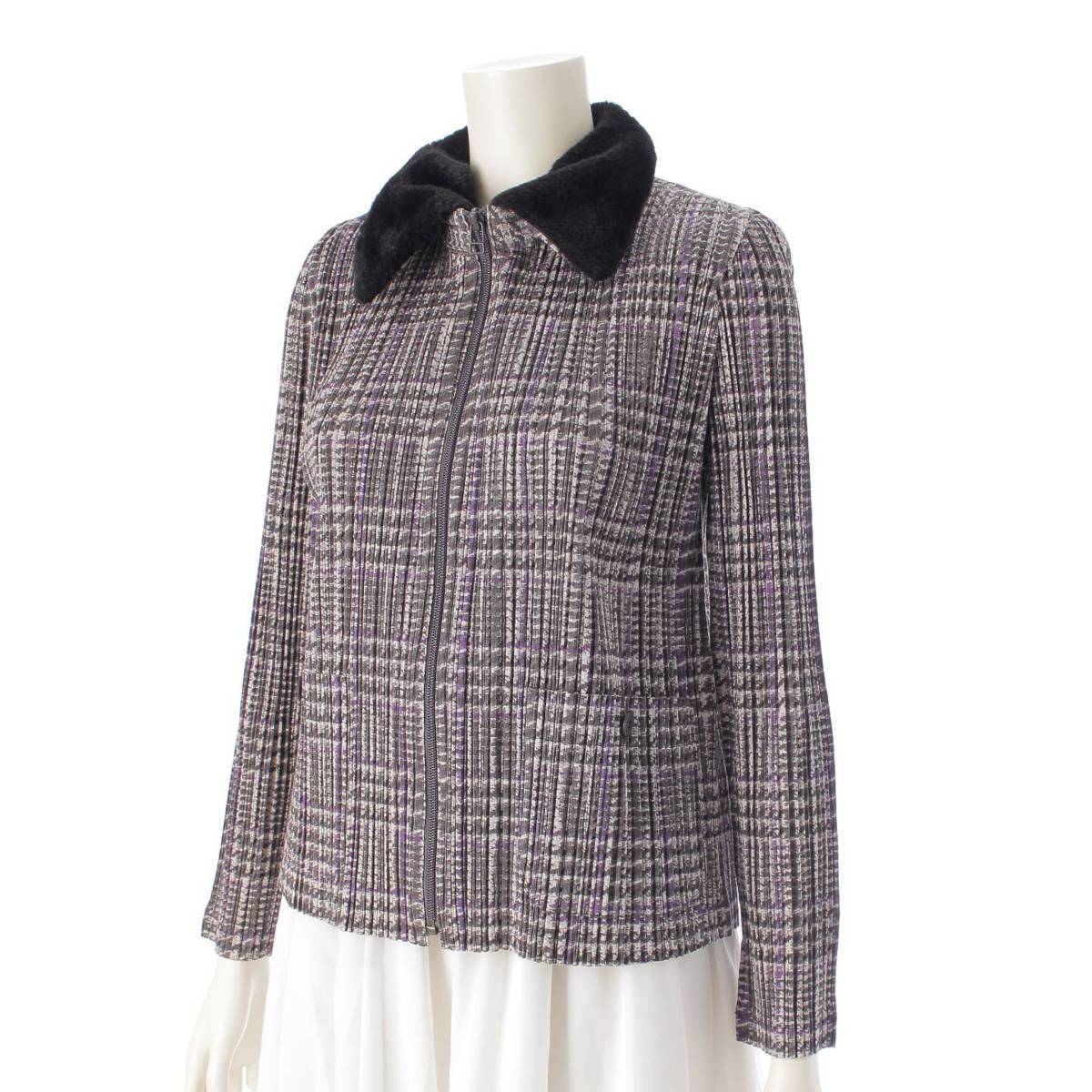 [Pleated Please Issey Miyake] PLEATS PLEASE ISSEY Check Light Outer Jacket with Fur Trim PP83-JC454 Purple x Gray 3 [Used] [Authenticated and Guaranteed Authentic] 213774