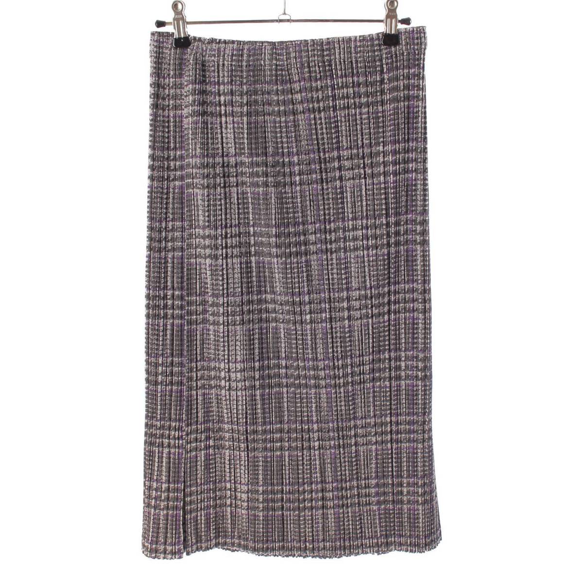 [Pleated Please Issey Miyake] PLEATS PLEASE ISSEY Cotton Blend Pleated Check Mid-length Skirt PP83-JG456 Purple x Gray 3 [Used] [Authenticated and Guaranteed Authentic] 213775