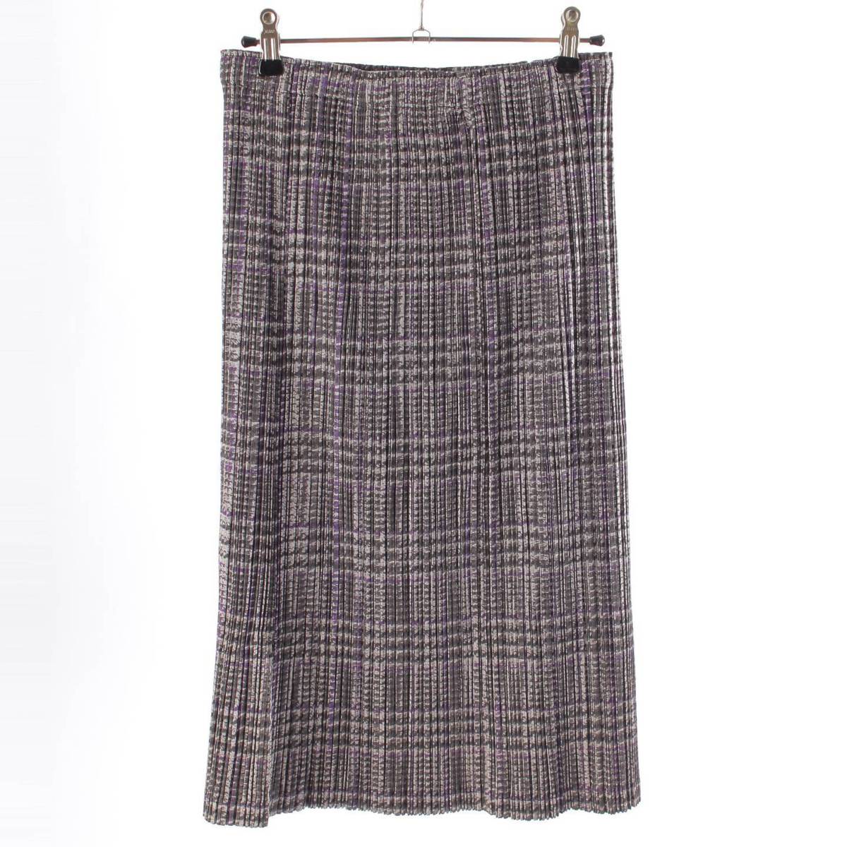 [Pleated Please Issey Miyake] PLEATS PLEASE ISSEY Cotton Blend Pleated Check Mid-length Skirt PP83-JG456 Purple x Gray 3 [Used] [Authenticated and Guaranteed Authentic] 213775