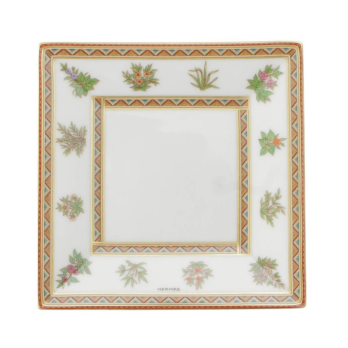 [Hermes] Hermes Square Flower Tableware Mini Plate White x Green [Used] [Authenticated and Guaranteed Authentic] 213827