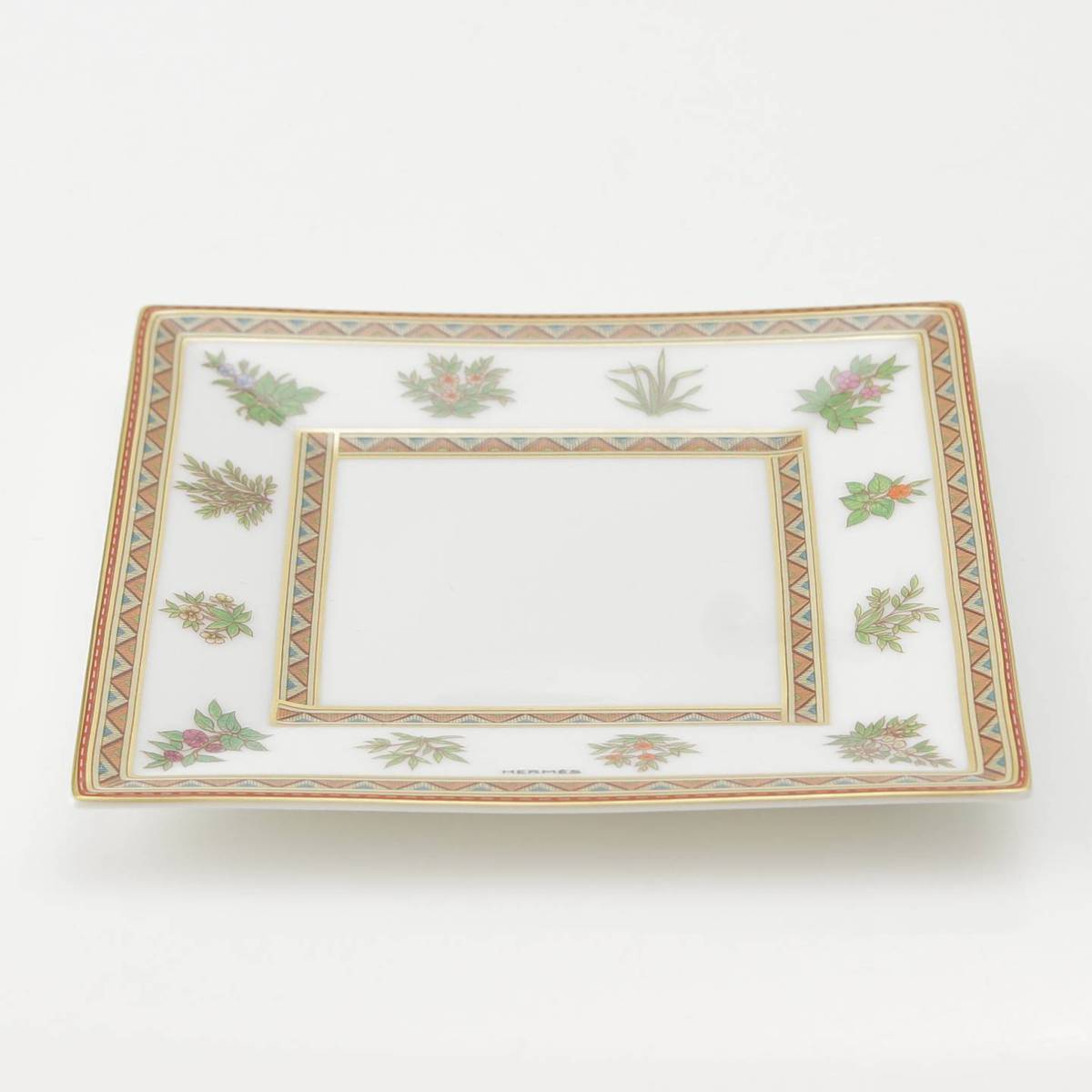 [Hermes] Hermes Square Flower Tableware Mini Plate White x Green [Used] [Authenticated and Guaranteed Authentic] 213827