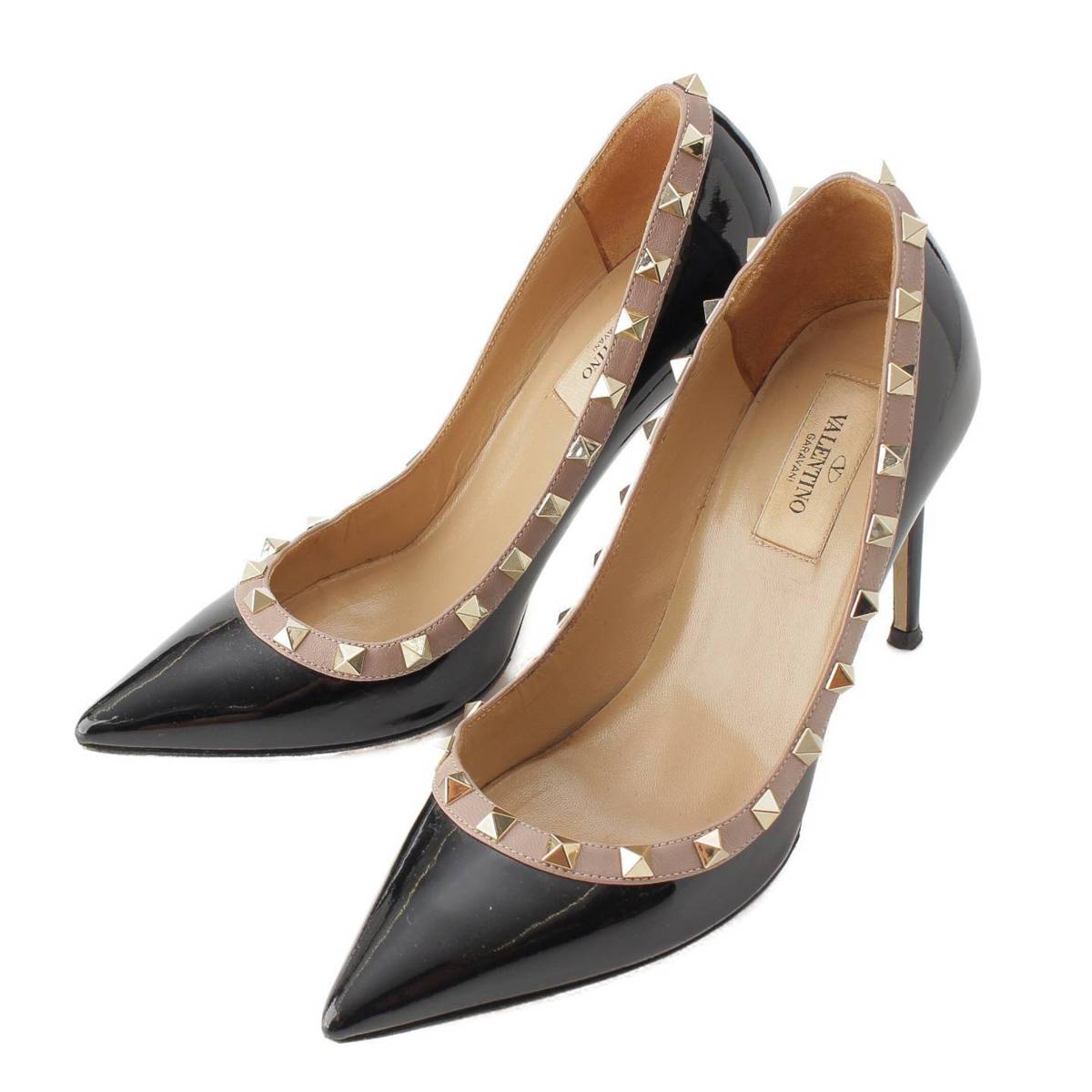 [Valentino] Valentino Patent Leather Rockstud Pointed Toe Heel Pumps Black 37 1/2 [Used] [Authenticated and Guaranteed Authentic] 213842