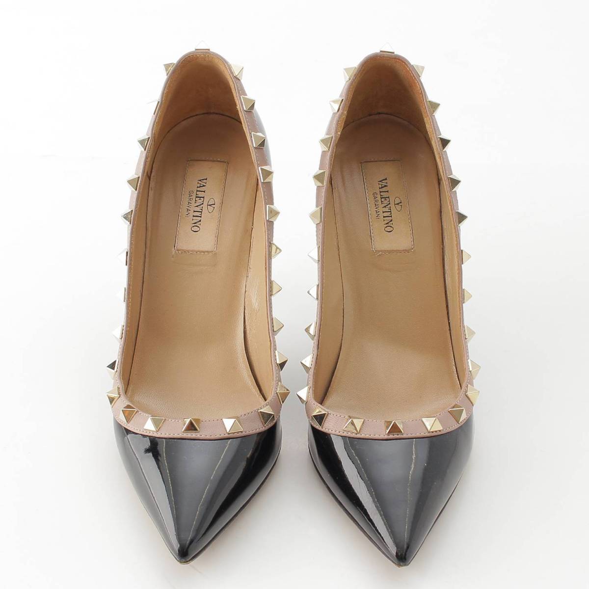 [Valentino] Valentino Patent Leather Rockstud Pointed Toe Heel Pumps Black 37 1/2 [Used] [Authenticated and Guaranteed Authentic] 213842