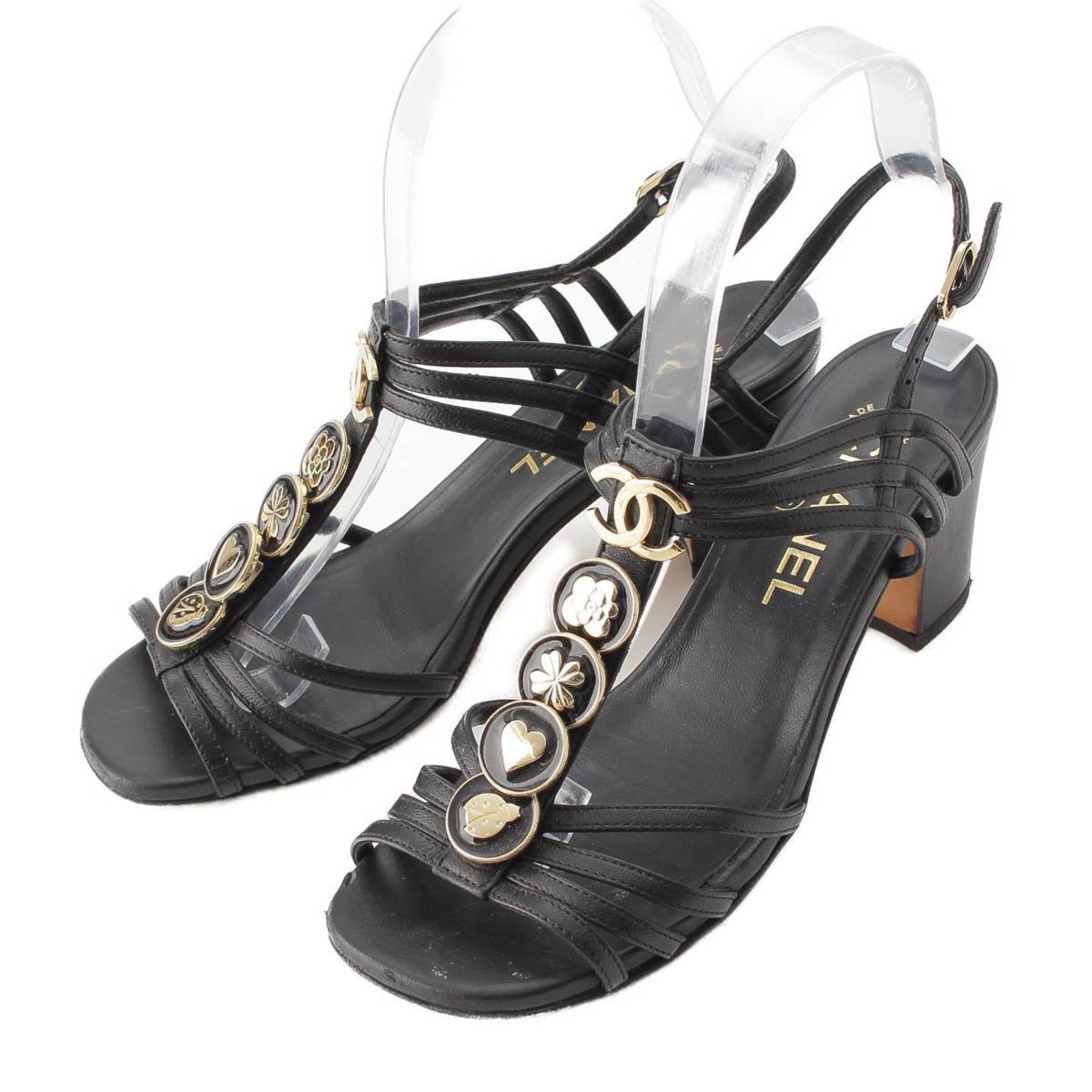 [Chanel] Chanel 23C Icon COCO Mark Leather T-Strap Heel Sandals G39668 Black 36 [Used] [Authenticated and Guaranteed Authentic] 213934