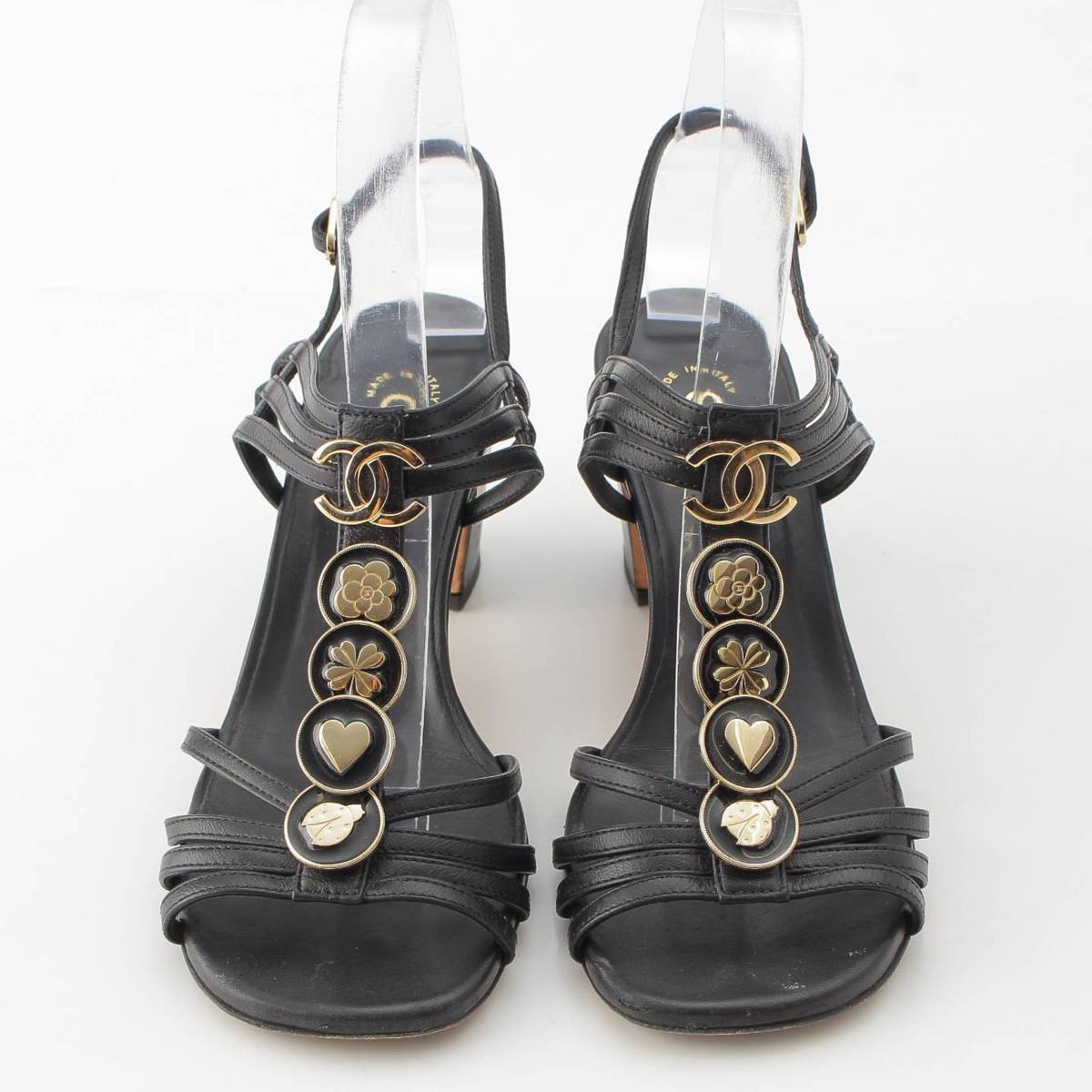 [Chanel] Chanel 23C Icon COCO Mark Leather T-Strap Heel Sandals G39668 Black 36 [Used] [Authenticated and Guaranteed Authentic] 213934
