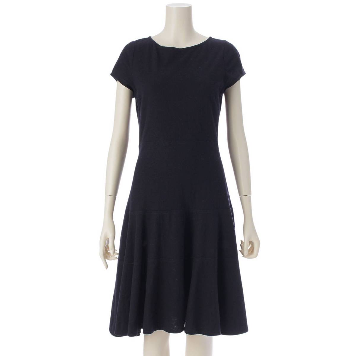 [PRADA] Prada wool crew neck short sleeve flare dress navy 42 [Used] [Authenticated and genuine product guaranteed] 214145