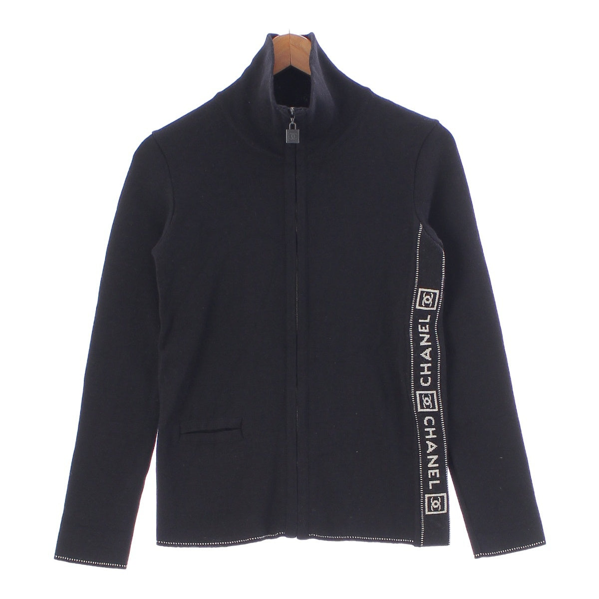 CHANEL 03A Sports line Wool knit COCO Mark Logo High Neck Zip Jacket Blouson Tops P22075 black 38