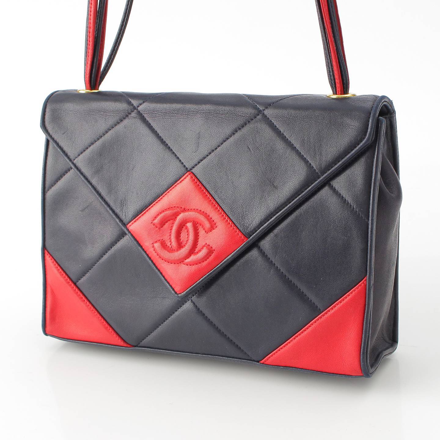 Chanel COCO Mark Leather Shoulder Bag Diamond Bicolor Black x Red