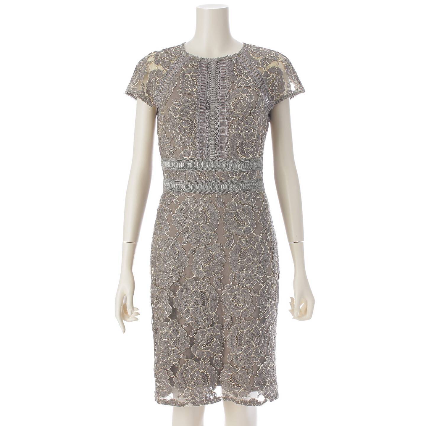 Tadashi Shoji Embroidered Tulle Lace Short Sleeve Dress Grey 0