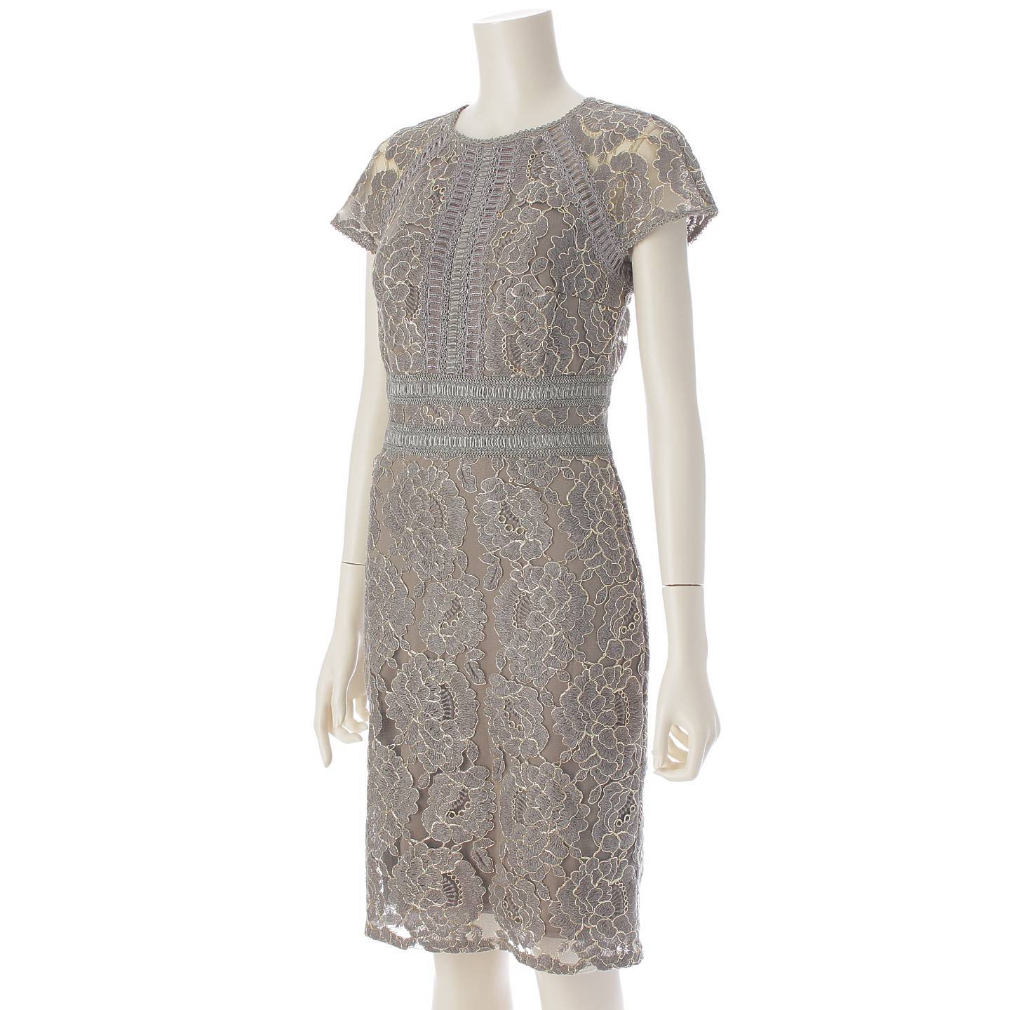 Tadashi Shoji Embroidered Tulle Lace Short Sleeve Dress Grey 0