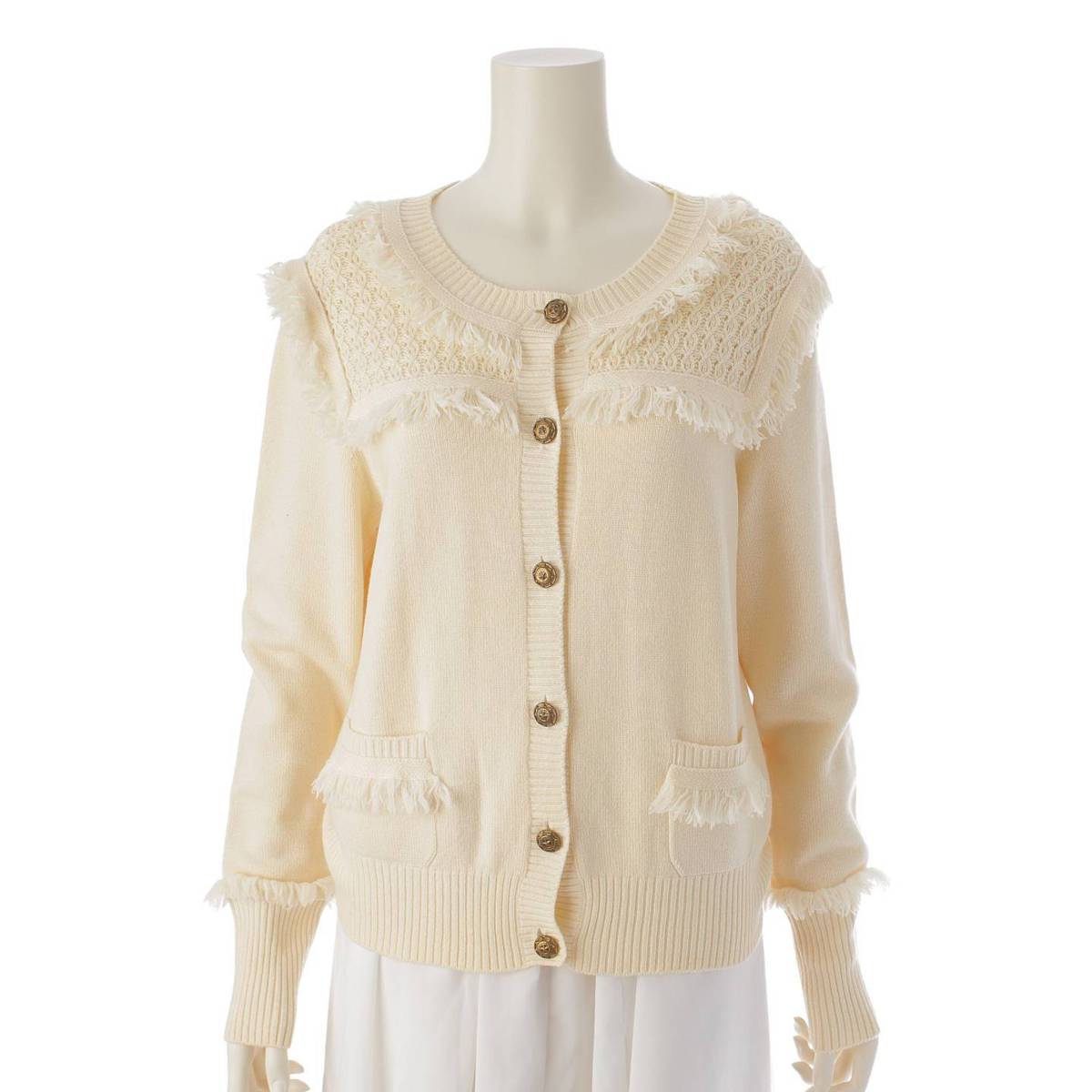 [Chanel] Chanel Logo Star Button Fringe Cashmere Knit Cardigan P49690 Beige 38 [Used] [Authenticated and Guaranteed Authentic] 214530