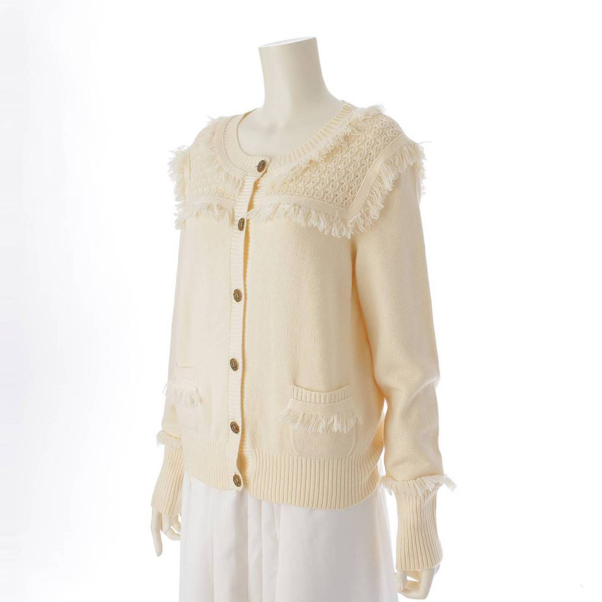 [Chanel] Chanel Logo Star Button Fringe Cashmere Knit Cardigan P49690 Beige 38 [Used] [Authenticated and Guaranteed Authentic] 214530