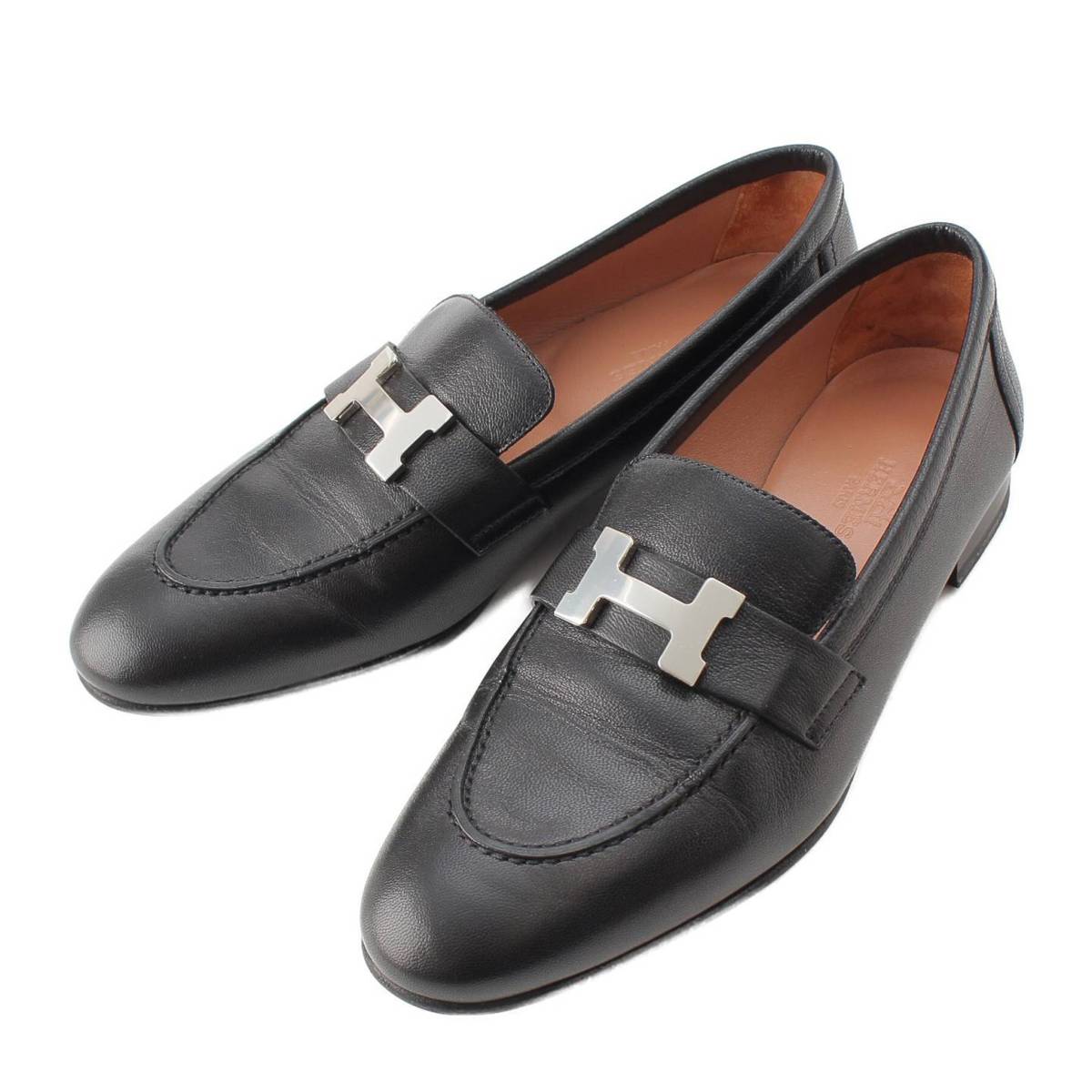 [Hermes] Hermes Leather Moccasin Loafers Paris Almond Toe Low Heel Black 35 1/2 [Used] [Authenticated/Genuine Product Guaranteed] 214722