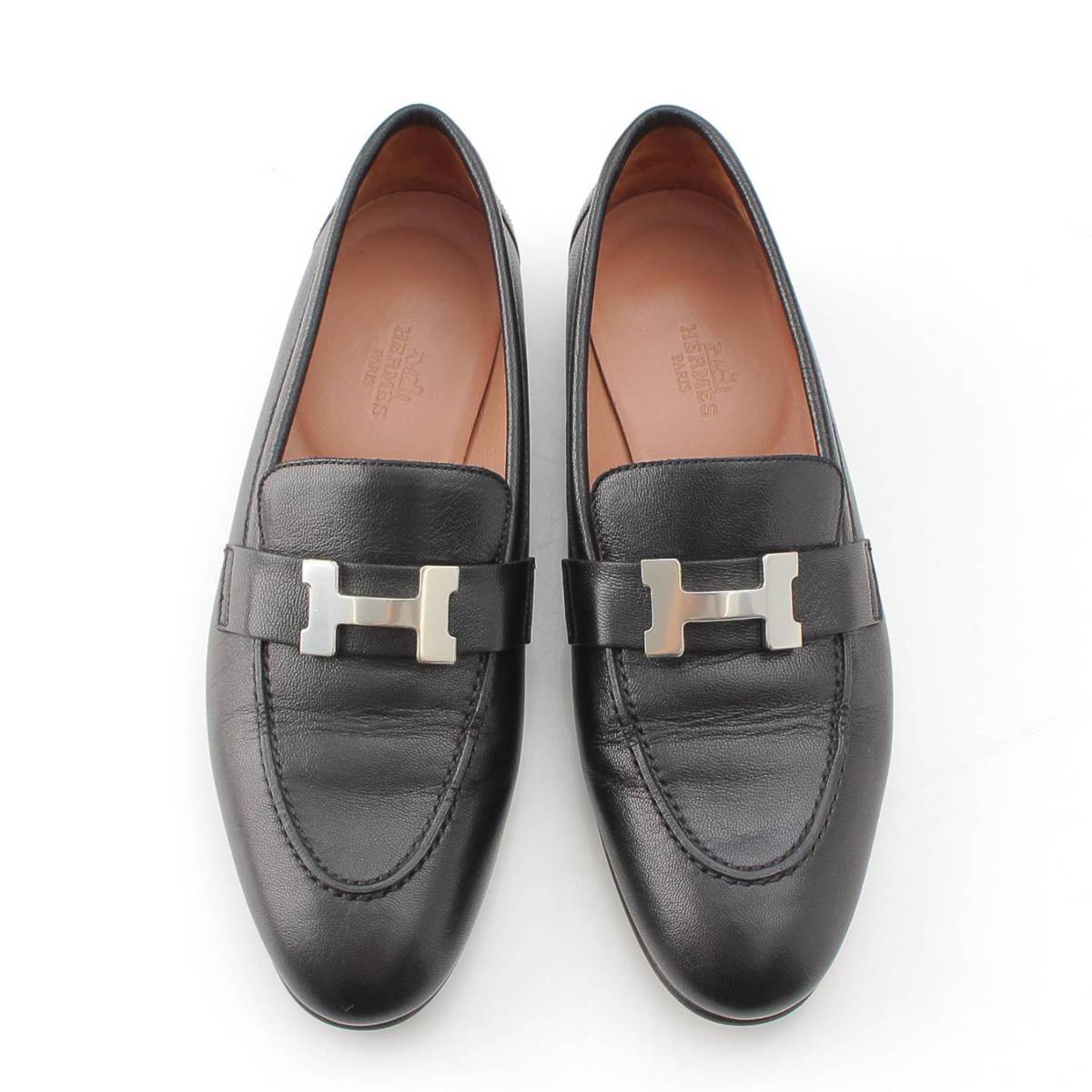 [Hermes] Hermes Leather Moccasin Loafers Paris Almond Toe Low Heel Black 35 1/2 [Used] [Authenticated/Genuine Product Guaranteed] 214722