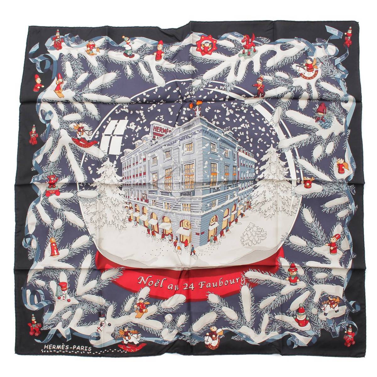 [Hermes] Hermes Carré 90 Noel au 24 Faubourg Christmas at Faubourg 24 Silk Scarf Black [Used] [Authenticated and Guaranteed Authentic] 214768