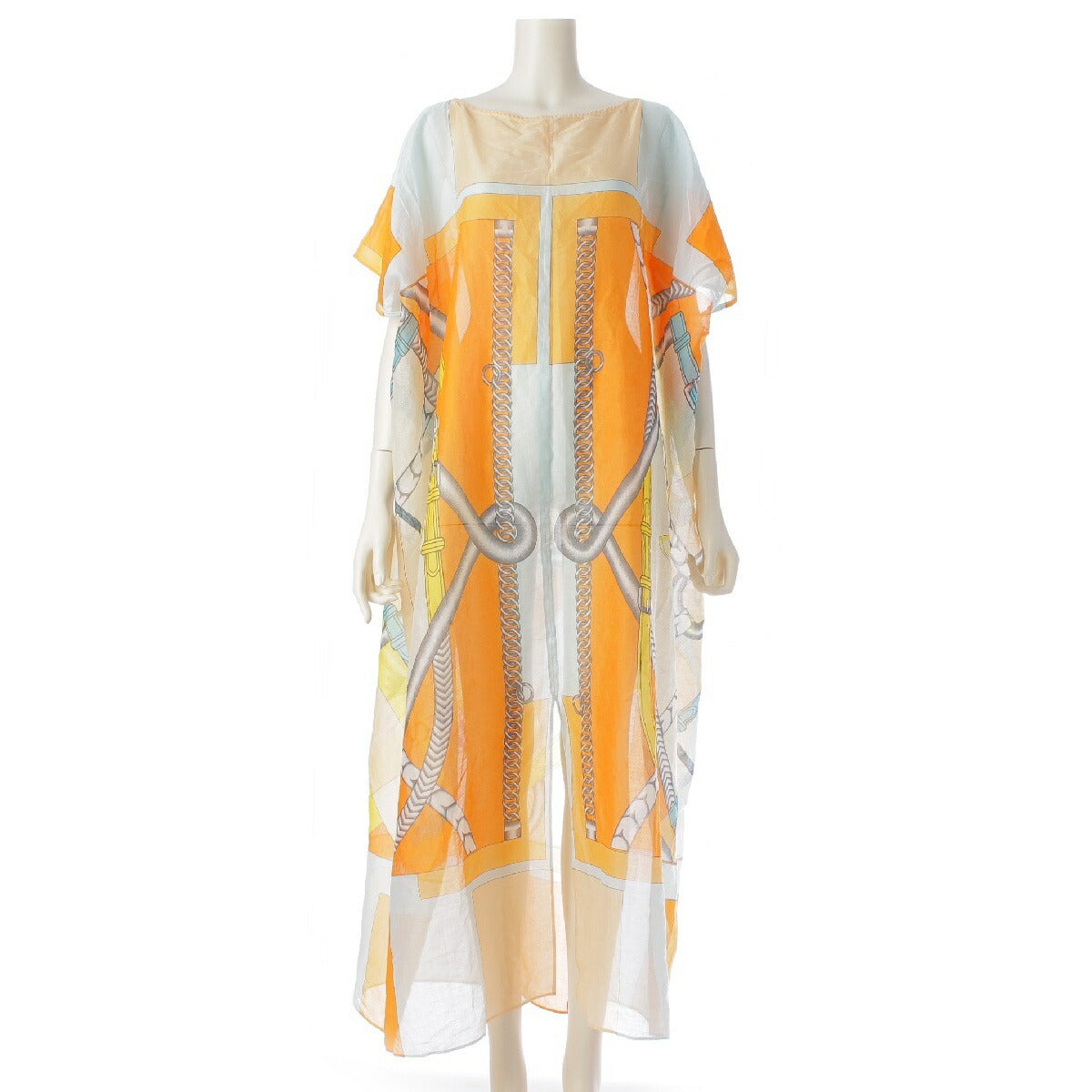 Hermes Gaultier period all-over print see-through cotton short-sleeve dress in orange [Used] [Authenticity guaranteed]